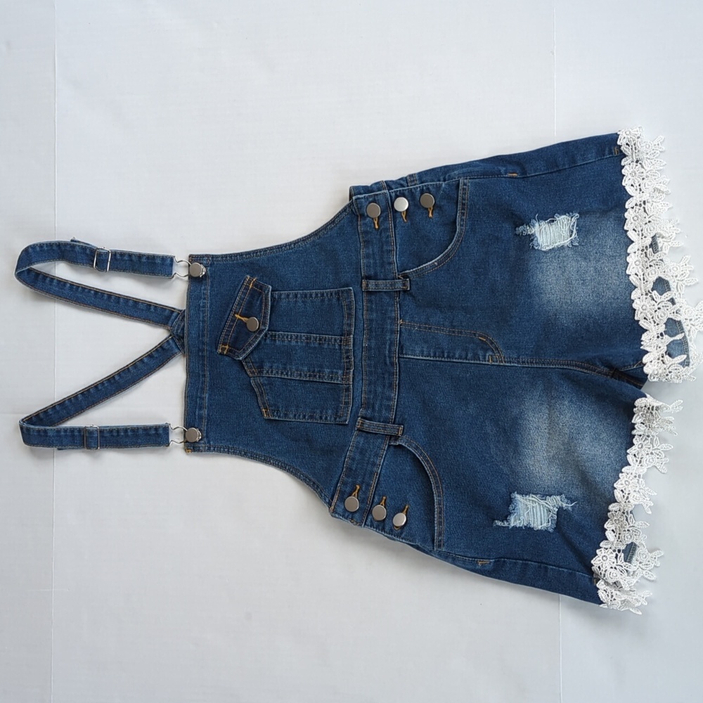 Distressed Embroidered Floral Jean Short Overalls M Blue Y2K Shortalls